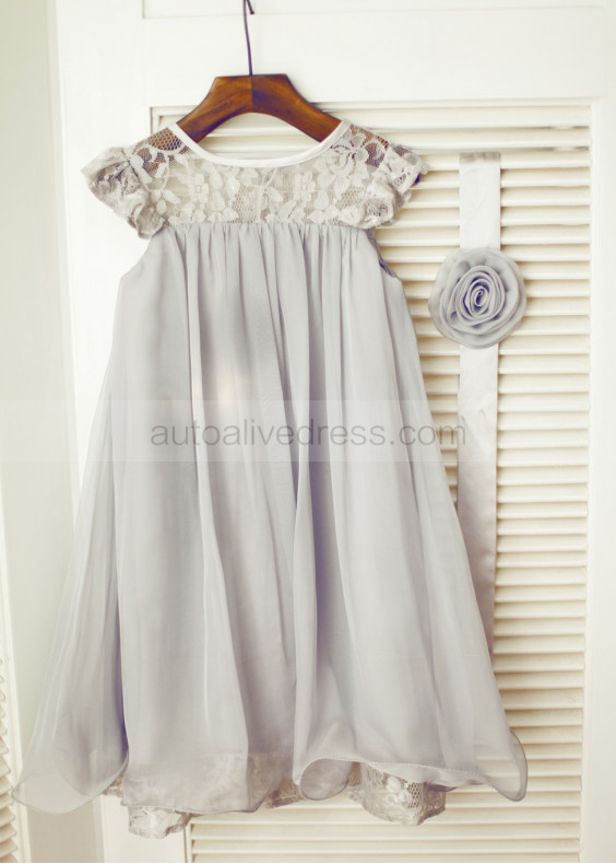 Gray Lace Chiffon Knee Length Boho Beach Airy Flower Girl Dress Gray Lace Chiffon Knee Length Boho Beach Airy Flower Girl Dress